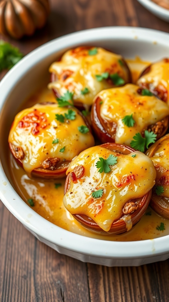 Baked onions topped with melted cheese, garnished with parsley on a rustic table.
